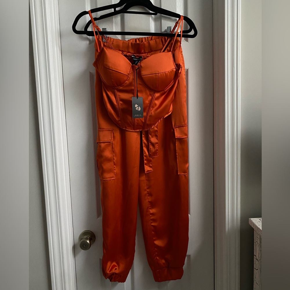 NWT Sincerely Jules Orange Satin Cargo Pants Corset Top - Set Size Small S